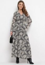 Szara Sukienka Maxi z Gumką w Talii i Roślinnym Printem Alai. Szare sukienki damskie Born2be, na wiosnę, l, bez wzorów, bez kołnierzyka, bez ramiączek, maxi. Za 89.99 zł.