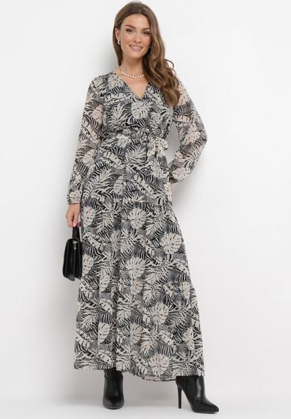 Szara Sukienka Maxi z Gumką w Talii i Roślinnym Printem Alai. Szare sukienki damskie Born2be, na wiosnę, l, bez wzorów, bez kołnierzyka, bez ramiączek, maxi. Za 79.99 zł.