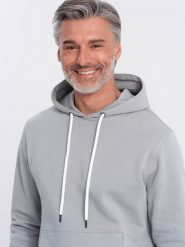 Męska bluza dresowa kangurka z kapturem - szara V8 OM-SSBN-0177 - XXL. Szare bluzy z kapturem męskie Ombre Clothing, l, z bawełny. Za 77.99 zł.