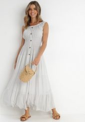 Biała Sukienka Abill. Białe sukienki damskie Born2be, na lato, l, bez wzorów, boho, bez kołnierzyka, bez ramiączek, maxi. W wyprzedaży za 87.99 zł.