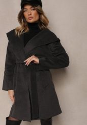 Ciemnoszary Płaszcz z Wiskozą Kapturem i Paskiem w Talii Ninerviria. Szare płaszcze damskie Renee, l, z aplikacjami, z wiskozy, eleganckie. Za 229.99 zł.
