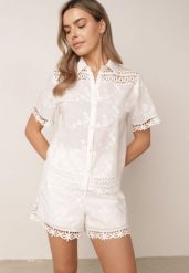 Biały Bawełniany Komplet w Stylu Boho Koszula i Szorty z Haftem Lephine. Białe koszule damskie Born2be, na lato, l, w ażurowe wzory, z bawełny, boho, bez kołnierzyka, bez ramiączek. Za 219.99 zł.