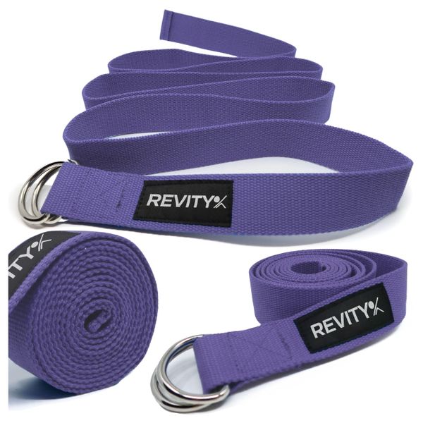 Pasek do jogi i pilatesu Revity fioletowy 200 x 3.8 cm. Fioletowe paski damskie REVITY, bez wzorów, z bawełny, sportowe. Za 39.99 zł.