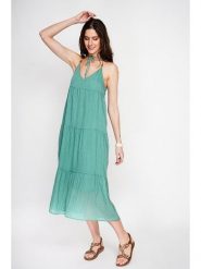 ASSUILI Lniana sukienka w kolorze turkusowym rozmiar: 36. Niebieskie sukienki damskie Assuili, bez wzorów, ze lnu, bez kołnierzyka, bez ramiączek, maxi, rozkloszowane. Za 130.99 zł.