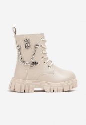Beżowe Botki w Stylu Workerów z Łańcuszkiem i Ozdobnymi Detalami Gelessa. Brązowe botki dziewczęce Renee, bez wzorów, z jeansu, bez ramiączek. Za 49.99 zł.