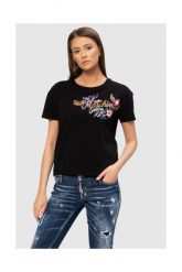 MOSCHINO Czarny t-shirt z logo i kwiatami. Czarne t-shirty damskie MOSCHINO, s, bez wzorów, prążkowane, bez kołnierzyka. W wyprzedaży za 279.99 zł.