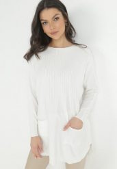 Biały Długi Sweter z Kieszeniami Mauvi. Białe swetry klasyczne damskie Born2be, s, z dzianiny, bez kołnierzyka. Za 34.99 zł.