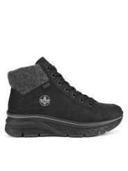 Rieker Botki 48043-00 Czarny. Czarne botki damskie Rieker, z materiału, bez obcasa, na koturnie, bez zapięcia. Za 265.99 zł.