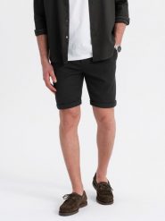 Dzianinowe szorty męskie z podwiniętymi nogawkami – czarne V2 OM-SRCS-0170 - XXL. Czarne szorty męskie Ombre Clothing, z dzianiny, bez kołnierzyka. W wyprzedaży za 109.99 zł.