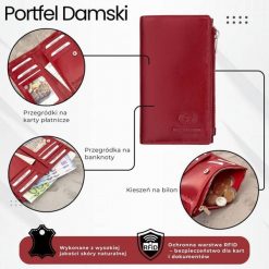 Portfel damski skórzany duży czerwony z ochroną RFID Paolo Peruzzi T-140-RD. Brązowe portfele damskie bez wzorów, ze skóry. Za 74.00 zł.