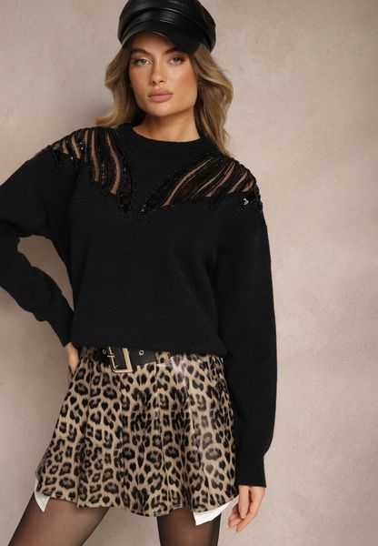 Czarny Sweter Ozdobiony Koralikami Cekinami Perełkami i Siateczkowymi Wstawkami Evathraea. Czarne swetry klasyczne damskie Renee, l, bez kołnierzyka. Za 89.99 zł.