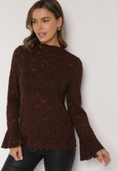 Brązowa Koronkowa Bluzka ze Stójką i Rozszerzanymi Rękawami Nefina. Brązowe bluzki damskie Born2be, l, z aplikacjami, z jeansu, eleganckie, bez kołnierzyka, bez ramiączek. Za 99.99 zł.
