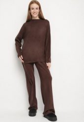 Brązowy Dzianinowy Komplet z Wełną Spodnie i Sweter Tesira. Brązowe swetry klasyczne damskie Born2be, l, z dzianiny, bez kołnierzyka. Za 139.99 zł.