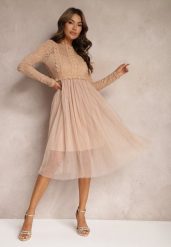 Ciemnobeżowa Elegancka Tiulowa Sukienka o Rozkloszowanym Kroju z Koronką Samelba. Brązowe sukienki damskie Renee, na imprezę, s, bez wzorów, z koronki, eleganckie, bez kołnierzyka, bez ramiączek, midi, rozkloszowane. Za 109.99 zł.