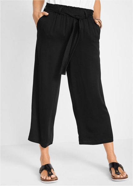 Spodnie culotte z lejącej wiskozy. Czarne spodnie materiałowe damskie bonprix, bez wzorów, z wiskozy. Za 109.99 zł.