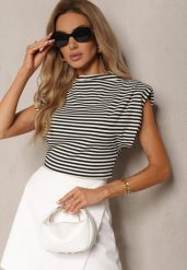 Czarno-Biały Top w Paski z Wiskozą z Szeroką Linią Ramion Pridia. Czarne topy damskie Renee, bez wzorów, z jeansu, bez kołnierzyka. Za 49.99 zł.