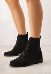 Czarne Sznurowane Botki z Ażurową Cholewką Zeliana. Czarne botki damskie Born2be, z jeansu, klasyczne, bez obcasa, na płaskiej podeszwie, bez zapięcia. Za 129.99 zł.
