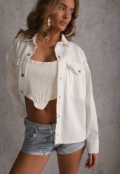 Biała Jeansowa Kurtka Koszulowa z Bawełny z Kieszeniami Desreta. Białe kurtki damskie Renee, l, bez wzorów, z bawełny, bez kaptura. Za 169.99 zł.