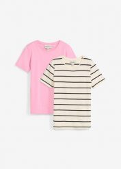T-shirt z czystej bawełny organicznej (2 szt.). Czerwone koszulki dziewczęce bonprix, bez wzorów, z bawełny, bez ramiączek. Za 64.99 zł.