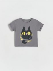 T-shirt ze świecącym nadrukiem - ciemnoszary. Szare koszulki dziewczęce Reserved, m, bez wzorów, z bawełny, bez ramiączek. W wyprzedaży za 22.99 zł.