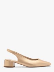 Złote czółenka damskie z otwartą piętą typu slingback ELIZABETH. Żółte czółenka damskie Ryłko, bez wzorów, z gumy, z otwartym noskiem, bez obcasa, na obcasie. Za 379.99 zł.