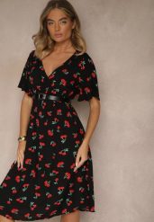 Czarna Rozkloszowana Sukienka z Bawełny Zdobiona Printem w Wisienki Folenea. Czarne sukienki damskie Renee, na randkę, l, z aplikacjami, z bawełny, klasyczne, bez kołnierzyka, bez ramiączek, midi, rozkloszowane. W wyprzedaży za 63.99 zł.