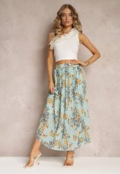 Miętowa Spódnica Ozdobiona Plisami z Gumką w Pasie i Elastyczną Podszewką Vislo. Zielone spódniczki damskie Renee, na lato, bez wzorów, boho, maxi, rozkloszowane. Za 54.99 zł.