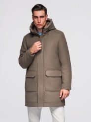 Męski płaszcz parka z wełną i kapturem - khaki V2 - Rozmiar: M. Brązowe parki męskie Ombre Clothing, m, bez wzorów, z materiału, eleganckie. W wyprzedaży za 389.99 zł.