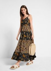 Sukienka maxi z falbanami. Czarne sukienki damskie bonprix, bez wzorów, bez kołnierzyka, bez ramiączek, maxi. Za 149.99 zł.