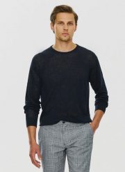 PAKO LORENTE – Granatowy lniany sweter P24SP-2X-003-G-0 - Pako Lorente. Niebieskie swetry męskie Pako Lorente, na lato, m, bez wzorów, ze lnu, bez kołnierzyka. Za 99.99 zł.