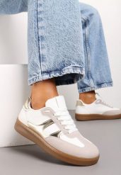 Biało-Złote Sneakersy Tenisówki na Kauczukowej Podeszwie Ondriama. Białe trampki i tenisówki damskie Born2be, bez wzorów, z kauczuku. Za 84.99 zł.
