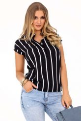 Czarna Bluzka Polo w Paski z Krótkim Rękawem. Czarne bluzki damskie Merribel, l, bez wzorów, z materiału, bez kołnierzyka, bez ramiączek. Za 89.90 zł.