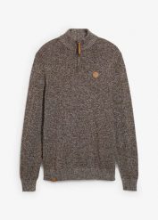 Sweter ze stójką z czystej bawełny. Brązowe swetry męskie bonprix, m, z aplikacjami, z bawełny, bez kołnierzyka. Za 119.99 zł.
