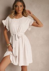 Jasnobeżowa Sukienka z Paskiem i Falbankami przy Rękawach Folunelle. Brązowe sukienki damskie Renee, na co dzień, bez wzorów, eleganckie, bez kołnierzyka, bez ramiączek, mini. W wyprzedaży za 71.99 zł.