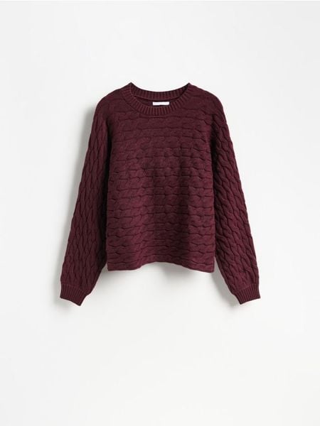 Sweter z warkoczowym splotem - bordowy. Czerwone swetry klasyczne damskie Reserved, l, z dzianiny, bez kołnierzyka. Za 119.99 zł.