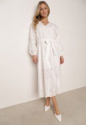 Biała Bawełniana Sukienka Boho z Paskiem Haftem i Ażurowymi Wstawkami Orilise. Białe sukienki damskie Born2be, do pracy, l, w ażurowe wzory, z bawełny, biznesowe, bez kołnierzyka, bez ramiączek, maxi, kopertowe. Za 309.99 zł.