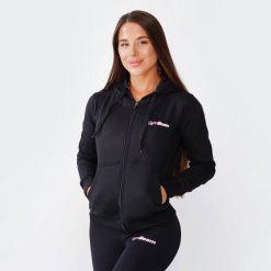 Bluza damska fitness z kapturem czarna Zipper Hoodie. Czarne bluzy sportowe damskie GYMBEAM, l, bez wzorów, z bawełny, bez ramiączek, długie, z kapturem. Za 109.90 zł.