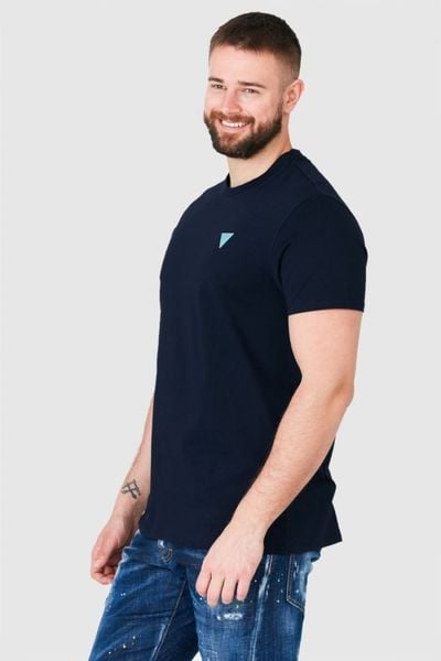 GUESS Granatowy t-shirt męski z turkusowym logo, Rozmiar M. Niebieskie t-shirty męskie Guess, m, z aplikacjami, bez kołnierzyka. W wyprzedaży za 94.99 zł.