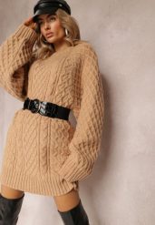 Beżowy Długi Sweter Ozdobiony Drobnym Splotem Killoe. Brązowe swetry klasyczne damskie Renee, z jeansu, bez kołnierzyka. Za 139.99 zł.
