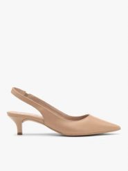 Beżowe czółenka slingback na obcasie typu kaczuszka. Brązowe czółenka damskie Brawo sp. z o.o., bez wzorów, z gumy, bez obcasa, na obcasie. Za 379.99 zł.