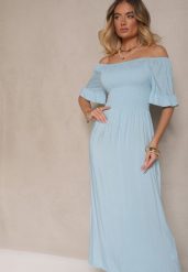 Jasnoniebieska Rozkloszowana Sukienka Hiszpanka z Bawełny z Elastyczną Górą Maissa. Niebieskie sukienki damskie Renee, na co dzień, l, bez wzorów, z bawełny, eleganckie, bez kołnierzyka, bez ramiączek, midi, rozkloszowane. Za 59.99 zł.