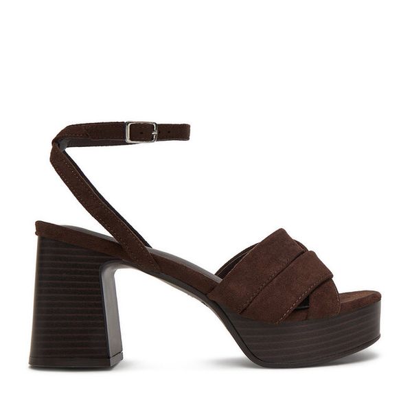 Sandały JENNY. Brązowe sandały damskie Jenny, bez wzorów, bez obcasa, na słupku. Za 149.99 zł.