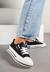 Czarne Koronkowe Trampki na Grubej Podeszwie z Cyrkoniami Nusiletia. Czarne trampki i tenisówki damskie Born2be, bez wzorów, z jeansu. Za 89.99 zł.