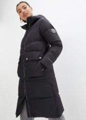 Hydrofobowy płaszcz puchowy z odblaskowymi elementami. Czarne płaszcze damskie bonprix, bez wzorów, z materiału. Za 519.99 zł.