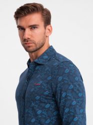 Męska koszula bawełniana z motywem roślinnym – granatowa V1 OM-SHCS-0159 - XXL. Niebieskie koszule męskie Ombre Clothing, l, bez wzorów, z bawełny, bez kołnierzyka, bez ramiączek. W wyprzedaży za 109.99 zł.