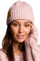 Czapka w Szeroki Prążek z Naszywką - Różowa. Czerwone czapki zimowe damskie MOE, z materiału. Za 109.90 zł.