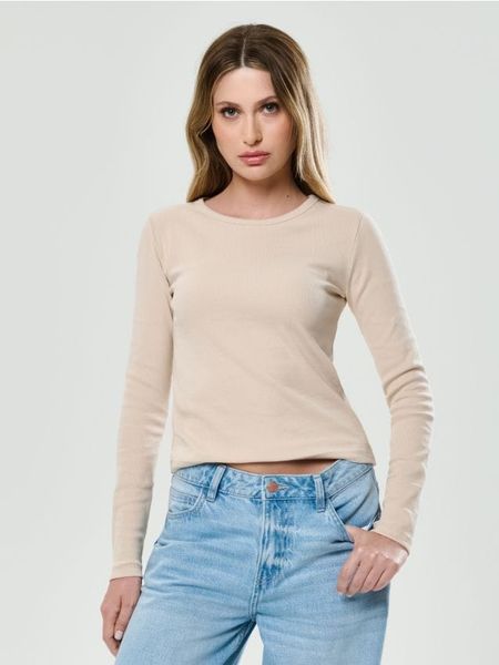 Prążkowana koszulka z długim rękawem - beżowy. Brązowe t-shirty damskie Sinsay, l, bez wzorów, prążkowane, bez kołnierzyka. Za 19.99 zł.