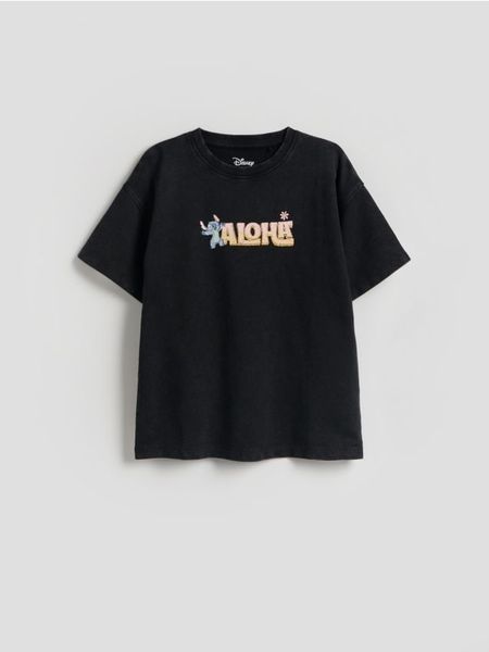 T-shirt Lilo i Stitch - czarny. Czarne koszulki dziewczęce Reserved, bez wzorów, z bawełny, bez ramiączek. Za 49.99 zł.
