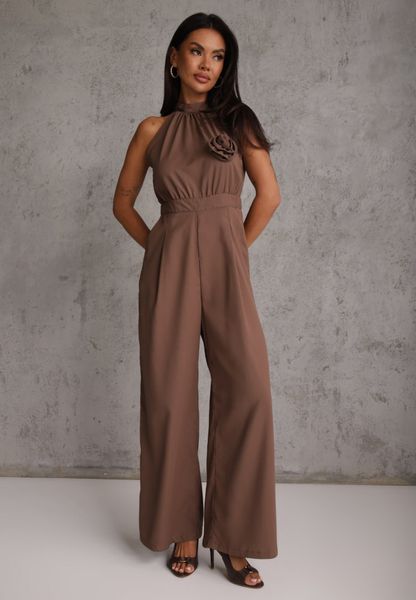 Brązowy Elegancki Kombinezon z Górą Halter Ozdobioną Różą 3D Dephousa. Brązowe kombinezony damskie Renee, m, bez wzorów, eleganckie, bez kołnierzyka, bez ramiączek. Za 169.99 zł.