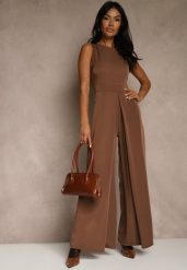 Brązowy Taliowany Kombinezon Ozdobiony Zakładkami Berinola. Brązowe kombinezony damskie Renee, l, bez wzorów, eleganckie, bez kołnierzyka, bez ramiączek. Za 149.99 zł.
